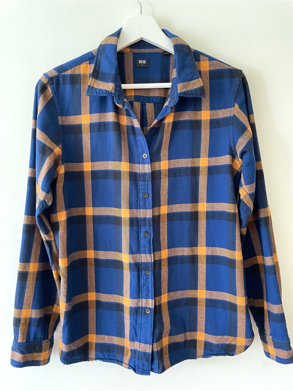 UNIQLO Blue & Orange Plaid Button-Up Shirt Size Small